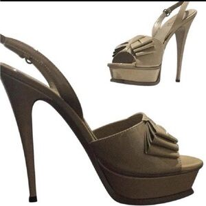 YSL Beige Platform Stiletto Peep-Toe Slingback Heels